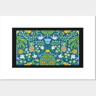 colorful orange tree and palm garden damask on blue | repeat pattern Posters and Art